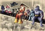  archecopeteryx belt building cigarette city claws closed_eyes closed_mouth commentary darumaka deviantart_logo deviantart_username english_commentary fire flying food fruit hand_on_another's_shoulder holding holding_cigarette holding_food holding_fruit horns lunch_atop_a_skyscraper_(photograph) machoke machop marshadow medicham meltan murkrow muscular nut_(hardware) open_mouth parody perrserker photo_background pokemon pokemon_(creature) pokemon_focus red_eyes sharp_teeth signature sitting skyscraper smile smoke steel_beam teeth tyrogue watermark web_address yellow_eyes 