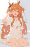  1girl animal_ears barefoot blush brown_ribbon commentary_request ear_ribbon highres horse_ears horse_girl inuyama_nanami legs long_hair mayano_top_gun_(umamusume) orange_eyes orange_hair ribbon shirt solo t-shirt thighs two_side_up umamusume white_shirt yawning 