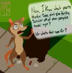 2026 alma_(pricklypastor) american_opossum anthro arm_tuft brown_body chest_tuft dialogue digital_drawing_(artwork) digital_media_(artwork) english_text female fur grass green_eyes hi_res knee_tuft leg_tuft mammal marsupial multicolored_body negotiation open_mouth outside pavement plant pricklypastor_(artist) shadow shoulder_tuft sidewalk signature solo speech_bubble suggestive_dialogue tail teeth text trash trash_can tuft two_tone_body