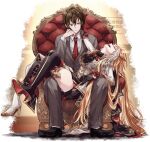  1boy 1girl ahoge animal_ears ascot asymmetrical_footwear black_ascot black_gloves black_thighhighs breasts brown_eyes brown_hair closed_eyes coat collared_shirt commentary_request ear_covers gem gloves green_gem grey_jacket grey_pants grey_suit highres horse_ears horse_girl horse_tail jacket jewelry large_breasts long_hair long_sleeves mismatched_footwear multicolored_hair necktie open_mouth orange_hair orfevre_(control)_(umamusume) orfevre_(umamusume) pants parted_lips red_necktie shirt sitting sitting_on_throne smile suit tail thighhighs thighs trainer_(umamusume) two-tone_hair umamusume white_coat white_hair white_shirt yue_(lov_n_n) 