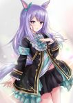  1girl animal_ears aqua_bow black_jacket black_skirt blush bow bowtie coat commentary_request ear_bow ear_ribbon frilled_coat frilled_jacket frills highres horse_ears horse_girl horse_tail jacket long_hair long_sleeves looking_at_viewer mejiro_mcqueen_(frontline_elegance)_(umamusume) mejiro_mcqueen_(umamusume) parted_lips pleated_skirt purple_eyes purple_hair r-binon ribbon shirt skirt solo striped_clothes striped_shirt tail umamusume 