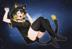  1girl ahoge animal_ear_fluff animal_ears artist_request black_hair black_shirt black_shorts black_thighhighs blonde_hair blush breasts cat_ears cat_girl cat_tail closed_eyes commission drooling eyelashes full_body highres l.o.a.f.i. loafi_lofi multicolored_hair no_shoes open_mouth outline saliva second-party_source shirt short_hair short_sleeves shorts solo space tail teeth thighhighs two-tone_hair white_outline yawning zettai_ryouiki 