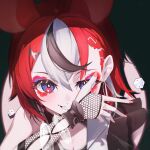  1girl absurdres animal_ears arm_up blue_eyes blush bracelet dice earrings eyeshadow fishnet_sleeves fishnets hair_between_eyes hair_ornament hakos_baelz highres hololive hololive_english jewelry looking_at_viewer makeup maymea multicolored_hair parted_lips red_eyeshadow red_hair sharp_teeth short_hair solo teeth wrist_cuffs x_hair_ornament 