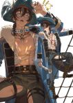  1boy absurdres arm_up artist_name black_hair black_pants blue_coat blue_eyes braid brown_hair chain chain_necklace clothing_cutout coat fur-trimmed_coat fur_trim garu_(nu_carnival) hat highres jewelry long_sleeves looking_at_viewer male_focus medium_hair monocular multiple_views necklace no_shirt nu_carnival official_alternate_costume open_clothes open_coat open_mouth pants pendant pirate_costume pirate_hat rope_ladder scar scar_on_face simple_background single_braid thigh_cutout white_background yuwe_art 