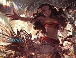  bandeau commentary curly_hair dark_skin disney english_commentary flower hair_flower hair_ornament kawacy long_hair long_skirt looking_at_viewer midriff moana_(movie) moana_waialiki navel oar outstretched_arm sarong skirt smile solo stomach 