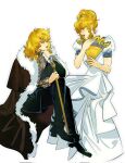  1boy 1girl androgynous bishounen blonde_hair blue_eyes commentary cosplay costume_switch crive9196 crossdressing crossdressing_(ftm) crossdressing_(mtf) crossover dress ginga_eiyuu_densetsu hair_between_eyes highres holding long_hair long_sleeves look-alike open_mouth oscar_francois_de_jarjayes pants reinhard_von_lohengramm reinhard_von_lohengramm_(cosplay) smile untranslatable_commentary versailles_no_bara 