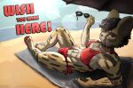 abs absurd_res aka_meyneth anthro beach bikini bulge clothed clothing feet felid feline fur gynomorph hi_res intersex junebug_(aka_meyneth) looking_at_viewer mammal multicolored_body multicolored_fur muscular muscular_anthro muscular_gynomorph muscular_intersex postcard red_clothing sea seductive serval solo striped_body stripes sun swimwear tagme text two-piece_swimsuit water whiskers