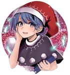 :d asa_(coco) blue_hair blush book capelet commentary doremy_sweet hand_on_own_cheek hat holding holding_book looking_at_viewer nightcap open_mouth parted_lips pelvic_curtain pom_pom_(clothes) purple_eyes short_hair smile solo touhou upper_body 