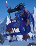  anthro biped black_hair blue_body bottomwear breasts brown_clothing clothed clothing doomthewolf dragon female hair hi_res holding_melee_weapon holding_object holding_polearm holding_spear holding_weapon loincloth melee_weapon membrane_(anatomy) membranous_wings mythological_creature mythological_scalie mythology navel navel_piercing piercing polearm pupils scalie smile snow solo spear weapon wings 