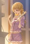  1girl absurdres blonde_hair breasts brown_eyes commentary_request curling_iron earrings frilled_pajamas frills highres idolmaster idolmaster_cinderella_girls jewelry long_hair morikubo_nono okubatomaeba one_eye_closed open_mouth pajamas shorts sleepy small_breasts solo stud_earrings yawning 