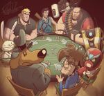 2026 anthro ashley_j_williams bald bioware blue_clothing blue_topwear brock_samson canid canine canis chair claptrap clothed clothing crossover domestic_dog electronic_arts evil_dead eyebrows fingers fully_clothed furniture glados hair headgear headwear heavy_(team_fortress_2) hi_res lagomorph leporid looking_at_viewer machine mammal max_(sam_and_max) poker poker_chip poker_night_at_the_inventory poker_table portal_(series) rabbit robot rochaglz sam_and_max samuel_dog sitting strong_bad team_fortress_2 teeth thick_eyebrows topwear tycho_brahe valve