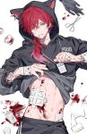  1boy anchun_(quail0503) animal_ear_hood aqua_eyes arm_tattoo bandaged_arm bandages blood character_request clenched_teeth clothes_grab copyright_request cowboy_shot gauze gauze_on_cheek gauze_on_face highres hood hood_up hoodie injury long_hair looking_down male_focus red_hair scissors simple_background single_unworn_glove solo sweat tattoo teeth white_background 