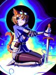  1girl andaerz animal_ears armor armor_under_clothes armored_boots bag belt blue_capelet blue_eyes boots bracer capelet cat_ears cat_girl cat_tail character_request commission copyright_request eyewear_on_head glasses highres knee_guards orange_hair pantyhose planted planted_sword satchel seiza short_hair sitting spikes sword tail weapon 