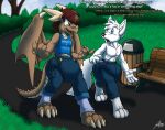 4_fingers 4_toes anthro arctic_fox artie bench black_nails blue_clothing blue_eyes blue_shirt blue_topwear bottomwear brown_body brown_scales brown_text bulge canid canine catmonkshiro clothed clothing colored_nails dialogue diaper diaper_under_clothing digital_media_(artwork) digitigrade dragon duo english_text feet fingers fox fur green_eyes hair horn male mammal maroon_hair muscular muscular_anthro muscular_male mythological_creature mythological_scalie mythology nails onomatopoeia pants park park_bench paws scales scalie shirt shirtless signature simple_background sound_effects star_(gibsonscratch) tank_top text toes topwear trash_can true_fox walking wearing_diaper white_body white_fur white_hair white_nails white_text wings