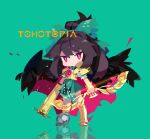  1girl alternate_costume arm_cannon armor asymmetrical_footwear bird_wings blush bow bow_(weapon) breastplate cape control_rod_(touhou) copyright_name full_body gold_armor green_background green_bow green_skirt hair_bow highres holding holding_bow_(weapon) holding_weapon long_hair looking_at_viewer mismatched_footwear official_art pink_eyes red_cape reiuji_utsuho shoulder_armor skirt solo third_eye third_eye_on_chest tohotopia touhou wanzilala16 weapon wings 