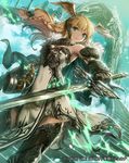  absurdres aqua_eyes armor armored_boots bare_shoulders black_gloves black_legwear blonde_hair boots bow braid bride cloud covered_navel dress genderswap genderswap_(mtf) gloves hair_bow head_wings heimdall_(seikon_no_arcana) highres horn lee_hyeseung long_hair magic official_art pelvic_curtain rainbow seikon_no_arcana solo stairs strapless strapless_dress sword thighhighs valkyrie weapon 