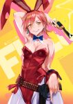  1girl animal_ears armpits bandolier belt blue_ribbon blush breasts commentary_request copyright_name dual_wielding earrings fake_animal_ears fingernails flcl gun handgun haruhara_haruko highres holding jewelry large_breasts leotard looking_at_viewer mhk_(mechamania) pantyhose playboy_bunny purple_hair rabbit_ears red_leotard revolver ribbon short_hair smile smoke smoke_trail solo strapless strapless_leotard teeth two-tone_background upper_body weapon wrist_cuffs yellow_eyes 