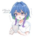  1girl blue_hair blush_stickers braid collarbone collared_shirt commentary_request copyright_request green_hair holding multicolored_hair purple_eyes purple_hair rumiya9i shaded_face shirt short_sleeves simple_background solo sweat translation_request twin_braids two-tone_hair upper_body white_background white_shirt 