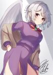  1girl blush bow bowtie braid breasts closed_mouth commentary_request dress grey_hair grey_wings half_up_braid highres jacket kishin_sagume long_sleeves looking_at_viewer medium_breasts niko_kusa purple_dress red_bow red_bowtie red_eyes signature single_wing smile solo touhou wings 