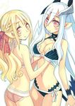  bikini blonde_hair breast_grab breasts character_request cyclia=code grabbing groping hands_on_another's_chest highres horns long_hair multiple_girls oomori_aoi pointy_ears silver_hair swimsuit yuri 