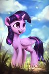  2016 assasinmonkey cloud cutie_mark equine feathered_wings feathers female feral friendship_is_magic fur grass hair horn landscape mammal multicolored_hair my_little_pony nature open_mouth outside purple_eyes purple_feathers purple_fur purple_hair sky smile solo twilight_sparkle_(mlp) winged_unicorn wings 