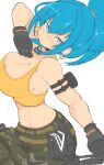  1girl arm_pouch bare_shoulders belt blue_eyes blue_hair breasts camouflage cargo_pants closed_mouth crop_top dog_tags earrings gloves highres jellcaps jewelry leona_heidern midriff navel pants ponytail soldier solo tank_top the_king_of_fighters the_king_of_fighters_xv toned toned_female triangle_earrings yellow_tank_top 