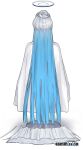  1girl barber_cape blue_archive blue_hair chair commentary commission from_behind grey_hair hair_bun hair_focus hairdressing halo helandyck highres long_hair multicolored_hair noa_(blue_archive) on_chair severed_head solo two-tone_hair very_long_hair white_background 