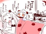  ahoge airfield_hime bangs beer_can can character_print closed_eyes collar commentary drooling elbow_gloves gloves horn horns kantai_collection lying mittens multiple_girls northern_ocean_hime on_stomach open_mouth orange_eyes patting pillow pillow_hug sako_(bosscoffee) seaport_hime shinkaisei-kan silhouette sleeping table translated under_covers white_hair 