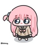  1girl black_skirt blue_eyes bocchi_the_rock! brown_shirt chibi chibi_only closed_mouth commentary english_commentary full_body gotoh_hitori highres long_hair looking_at_viewer lulalang one_side_up pink_hair school_uniform shirt shuka_high_school_uniform simple_background skirt solo standing twitter_username white_background 
