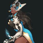  black_hair breasts cyborg dark_skin fighting_stance forehead_jewel gloves green_background headgear large_breasts lips long_hair mechanical_arm open_mouth overwatch pydiyudie simple_background solo symmetra_(overwatch) teeth very_dark_skin visor 