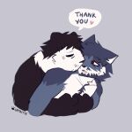 anthro anthro_on_anthro bear blush bodily_fluids catkitte dialogue domestic_cat duo english_text felid feline felis giant_panda grey_background heart_symbol hug hugging_another hugging_from_behind interspecies looking_at_another male male/male mammal nuzzling pandad_(catkitte) raynn_(catkitte) red_eyes romantic romantic_couple simple_background speech_bubble sweat sweatdrop talking_to_another text