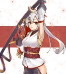  1girl absurdres arm_up armor armpits black_hakama breasts clothing_cutout commentary_request detached_sleeves elfenlied22 fate/grand_order fate_(series) fingerless_gloves gloves hair_between_eyes hakama hakama_pants highres hip_vent japanese_armor japanese_clothes katana kimono large_breasts long_hair looking_at_viewer obi pants ponytail red_eyes red_gloves sash short_kimono shoulder_armor single_sleeve sode solo sword tomoe_gozen_(fate) tomoe_gozen_(first_ascension)_(fate) weapon white_hair white_kimono 