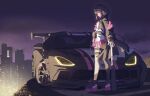 1girl ascot asymmetrical_legwear bad_source baronilu baseball_bat belt black_hair car cropped_jacket dodge_viper expressionless full_body highres hood hood_up jacket jacket_partially_removed jacket_under_jacket loose_ascot motor_vehicle multicolored_hair non-web_source off_shoulder original pink_hair pink_skirt pouch shirt shoes single_thighhigh skirt sneakers solo standing thigh_strap thighhighs two-tone_hair white_shirt yellow_eyes yuyan_(ryuuyan) 