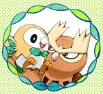  ambiguous_gender avian bird bow_tie brown-feathers duo feathers green-feathers green_background nintendo noctowl owl pattern_background pok&eacute;mon polka-dot_background red_eyes rowlet sheuri simple_background video_games white_feathers yellow_feathers 樹守▼キモリ色に染まる日々 