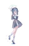  1girl absurdres alternate_costume alternate_hair_length alternate_hairstyle aqua_halo aris_(blue_archive) arms_behind_back beret black_dress black_hat black_shoes blue_archive blue_hair blush closed_mouth commentary dress frilled_dress frilled_socks frills full_body gyuromi158 hair_between_eyes halo hat highres kneehighs light_smile long_hair_between_eyes long_sleeves looking_at_viewer mary_janes one_side_up rectangular_halo shoes short_hair simple_background socks solo standing standing_on_one_leg tiptoes untranslatable_commentary white_background white_socks 
