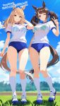  2girls animal_ears blonde_hair blue_bow blue_bra blue_buruma blue_eyes blue_sky blush bow bra bra_visible_through_clothes breasts brown_hair buruma cloud commentary_request commission ear_bow gold_city_(umamusume) green_bra gym_shirt gym_uniform highres horse_ears horse_girl horse_tail large_breasts long_hair looking_at_viewer medium_breasts multiple_girls one_eye_closed open_mouth outdoors reibun_(raven1119) ribbed_socks shirt shoes short_sleeves skeb_commission sky smile socks tail tosen_jordan_(umamusume) twintails umamusume underwear v white_shirt white_socks 