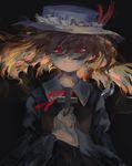  bad_id bad_pixiv_id bangs blonde_hair character_request collared_shirt cross dolls_in_pseudo_paradise extra feathers floating_hair frilled_hat frills glowing glowing_eye hair_between_eyes hat hat_feather highres holding jacket_girl_(dipp) long_hair long_sleeves looking_at_viewer nazoko neck_ribbon red_eyes ribbon shirt smile solo touhou upper_body white_hat wide_sleeves wing_collar 