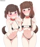  2girls absurdres animal_ears bare_arms belt_collar bikini blush braid braided_bangs breasts brown_eyes brown_hair closed_mouth collar collarbone commentary_request dog_ears dog_tail embarrassed highres iino_miko kaguya-sama_wa_kokurasetai_~tensai-tachi_no_renai_zunousen~ kemonomimi_mode looking_at_viewer medium_hair micro_bikini multiple_girls navel nose_blush paw_pose purple_eyes red_collar roswell_ss shijou_maki short_hair simple_background skindentation small_breasts swimsuit tail tail_raised thighs twintails white_background 