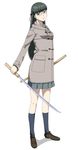  bangs black_hair black_lagoon blunt_bangs braid coat full_body glasses hair_ribbon highres katana long_hair mole ribbon ribonzu school_uniform solo sword washimine_yukio weapon 