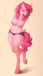  2016 absurd_res anthro anthrofied areola armpits arms_above_head big_breasts breasts clothing equine evehly female friendship_is_magic hair hands_behind_back hi_res horse mammal muffin_top my_little_pony nipples pink_hair pinkie_pie_(mlp) pony pose shorts slightly_chubby smile solo text 