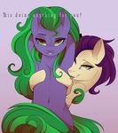  2016 duo english_text equine evehly fan_character female friendship_is_magic green_eyes green_hair hair horse mammal mane-iac_(mlp) my_little_pony pony purple_hair raised_eyebrow red_eyes text tongue tongue_out 