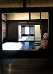  annin_musou architecture bangs commentary_request curtains door east_asian_architecture grey_hair hand_on_own_knee hand_up hook knees_up long_hair open_collar open_mouth original rag reflection shadow shirt sitting sliding_doors solo sunlight sweater wooden_floor yawning 