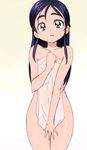  blue_eyes futari_wa_precure gradient gradient_background long_hair looking_at_viewer manji_(tenketsu) nude precure purple_hair solo towel wet white_towel yukishiro_honoka 