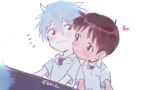  11kkr 2boys :3 blue_eyes blush brown_hair cheek-to-cheek chibi chibi_only closed_mouth collared_shirt commentary_request eye_contact grey_hair hair_between_eyes heads_together heart ikari_shinji instrument looking_at_another male_focus multiple_boys nagisa_kaworu neon_genesis_evangelion pale_skin piano red_eyes school_uniform shirt short_hair short_sleeves smile tokyo-3_middle_school_uniform twitter_username undershirt white_shirt yaoi 