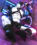 2024 5_fingers abs anthro areola arm_tuft belly_tuft biceps big_muscles big_pecs biped black_boots black_bottomwear black_claws black_clothing black_eyebrows black_footwear black_harness black_hat black_headwear black_leash black_nose black_shorts blue_body blue_fur blue_stripes blue_tail body_hair boots bottomwear brick_wall bulge cheek_tuft claws clothed clothing countershade_arms countershade_face countershade_fur countershade_legs countershade_torso countershading deltoids detailed_background digital_media_(artwork) dominant dominant_anthro dominant_male elbow_tuft eyebrows facial_hair facial_tuft fangs felid feng_(fengtheblue) finger_claws fingers first_person_view footwear forearm_muscles front_view fur goatee green_boots green_clothing green_footwear grey_facial_hair grey_goatee grin grinning_at_viewer happy_trail harness harness_ring hat headgear headwear hi_res holding_leash holding_object humanoid_hands inside knee_tuft leash leash_pull leashed_viewer leather leather_boots leather_bottomwear leather_clothing leather_daddy leather_footwear leather_harness leather_leash leather_shorts leg_tuft looking_at_viewer low-angle_view male mammal manly markings multicolored_body multicolored_boots multicolored_clothing multicolored_footwear multicolored_fur muscular muscular_anthro muscular_arms muscular_legs muscular_male navel neck_tuft neon_lights nightclub nipples orange_eyes pantherine pecs pink_areola pink_nipples purtropos raised_hand shoes shorts signature sitting sitting_on_stairs smile smiling_at_viewer solo spread_legs spreading stairs striped_body striped_fur striped_markings striped_tail stripes submissive submissive_pov tail tail_markings tail_tuft teeth thick_thighs tiger topless topless_anthro topless_male triceps tuft two_tone_tail wall_(structure) white_body white_fur white_stripes white_tail