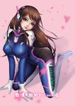  absurdres bodysuit breasts brown_eyes brown_hair d.va_(overwatch) destincelly facial_mark highres large_breasts lips long_hair looking_at_viewer overwatch solo thighs whisker_markings 