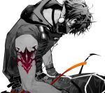  1boy arknights arm_tattoo belt bishounen black_hair black_shirt chimi_(s8s8_bb) commentary_request cowboy_shot demon_boy demon_horns flamebringer_(arknights) from_side gloves greyscale hair_between_eyes hood hood_down hoodie horns jewelry looking_at_viewer male_focus mask material_growth monochrome mouth_mask orange_eyes oripathy_lesion_(arknights) pants pointy_ears shirt short_hair simple_background single_horn sitting sleeveless sleeveless_hoodie solo spot_color tattoo white_background 