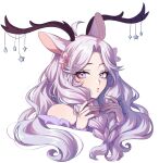  1girl \||/ aegyo_sal ahoge animal_ears antlers bare_shoulders blue_eyes blush braid braided_sidelocks closed_mouth commentary commission cropped_shoulders curtained_hair deer_antlers deer_ears deer_girl double_\||/ english_commentary expressionless eyelashes eyes_visible_through_hair flower forehead grey_hair hair_flower hair_ornament hands_up holding holding_own_hair horns light_frown lips long_hair long_sleeves looking_at_viewer low_twin_braids multicolored_eyes nail_polish off-shoulder_shirt off_shoulder original parted_bangs pink_eyes pink_flower pink_nails purple_shirt sasucchi95 shirt simple_background solo star_(symbol) tsurime twin_braids two-tone_eyes wavy_hair white_background 
