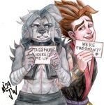  2024 anthro barbie_and_ken_mugshot_meme biped black_bottomwear black_clothing black_nose black_topwear black_vest bottomwear bracelet canid canine canis clenched_teeth cloth_wrapping clothing duo fangs female fur grey_body grey_fur hair hi_res holding_object holding_sign human jewelry keikogi long_hair looking_at_another looking_at_viewer male mammal martial_arts_uniform meme mjw_darkmode narrowed_eyes open_mouth purple_eyes red_eyes red_hair sign simple_background sportswear squint super_saiyan_hair teeth topwear traditional_media_(artwork) vest white_background white_body white_sclera white_skin wolf 