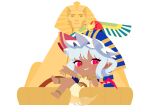  1girl alternate_costume ancient_egyptian_clothes anklet bat_wings blue_hair egypt english_commentary full_body great_sphinx_of_giza hat hat_ribbon highres jewelry long_hair looking_at_viewer mob_cap nemes official_art open_mouth pink_eyes pointy_ears red_eyes remilia_scarlet ribbon sitting slit_pupils solo sphinx tan teeth tohotopia touhou wanzilala16 white_background wings 